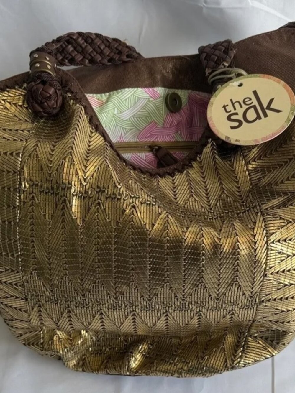 The Sak "Indio" Hobo Style Satchel Bag Woven Metallic Gold NWT
